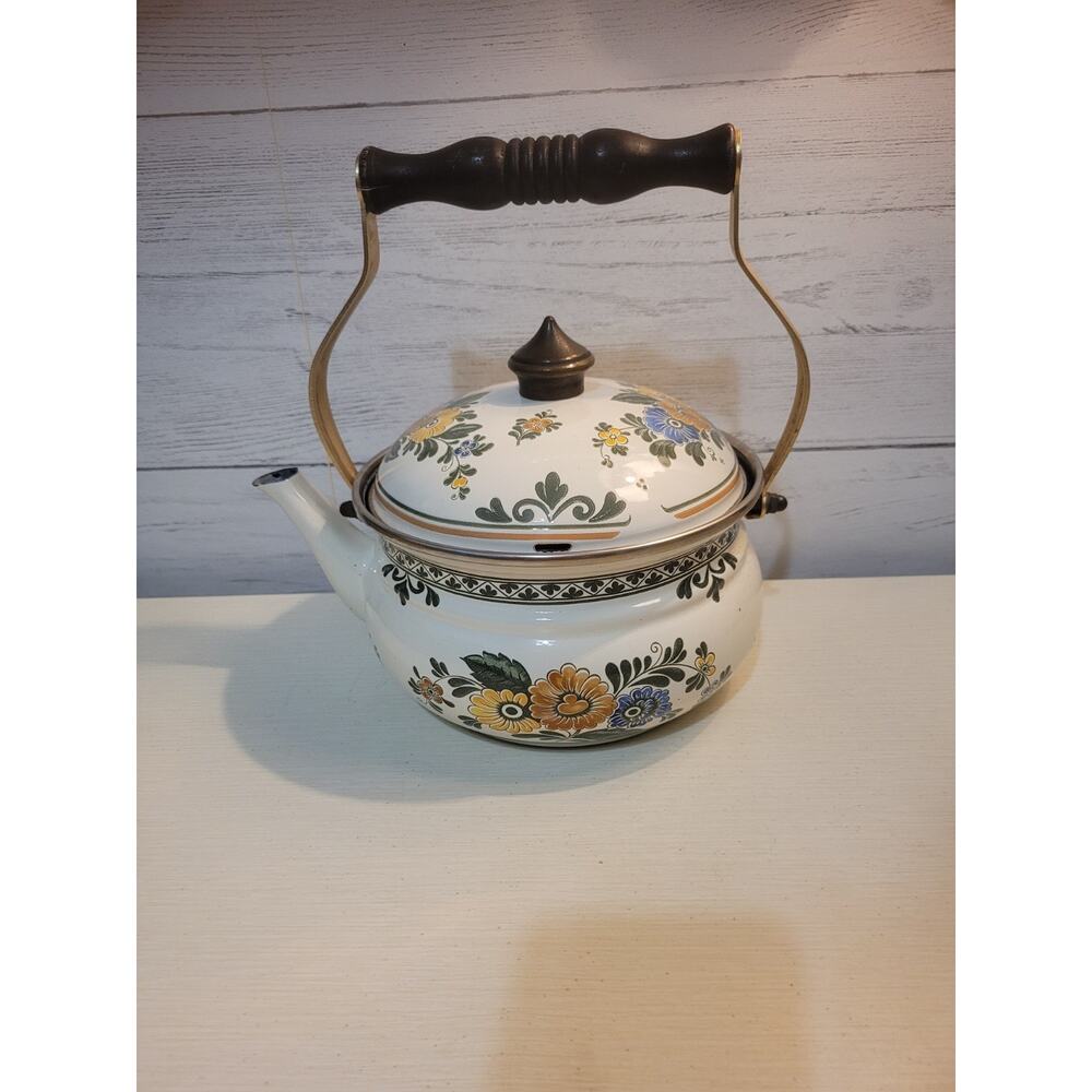 VTG 1960’s ASTA Enamelware Tea Kettle Teapot Brass Handles Floral West Germany